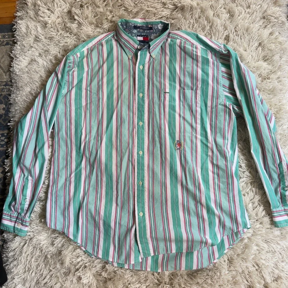 Vintage 90s Tommy Hilfiger Striped Button Down Shirt Mens L Green Pink Crest